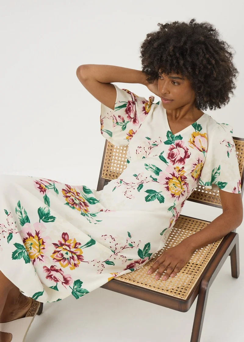 Matalan Cream Floral V Neck Midi Tea Dress
