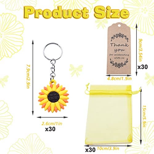 COLVWOFA 30 Sets Sunflower Birthday Party Favors Include Keychains Organza Bags Thank You Kraft Tags for Kids Party Supplies Wedding Baby Shower Return Gifts - Image 3