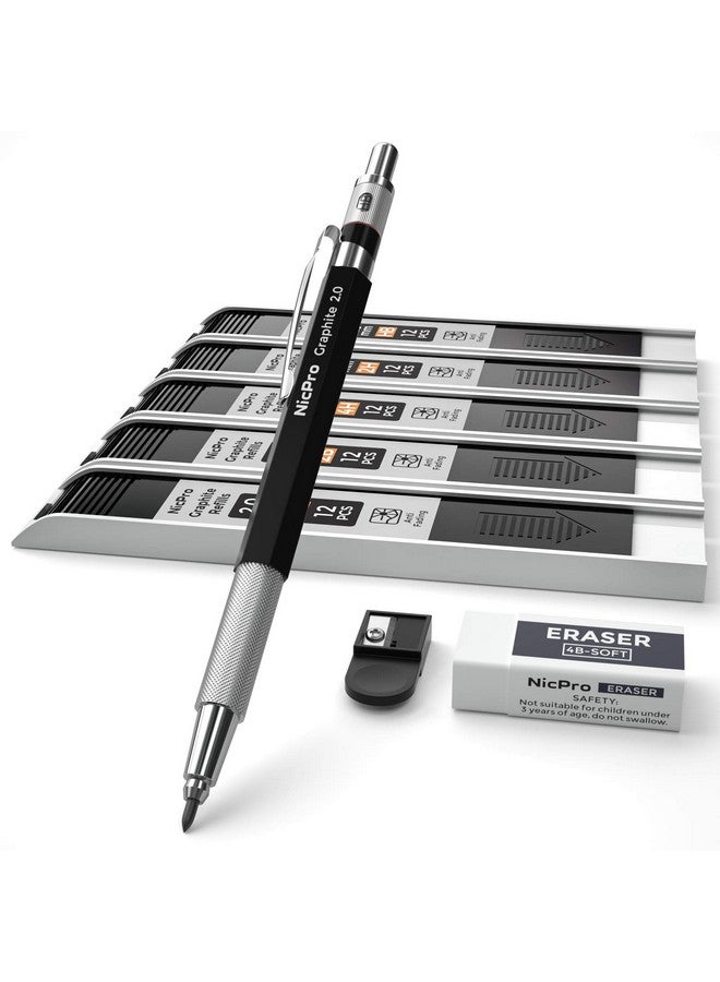 نيكبرو مجموعة أقلام رصاص ميكانيكية مقاس 2.0 مم، حامل معدني للفنانين، أقلام تحديد معدنية، أقلام نجار مع 60 قطعة من رصاص الجرافيت Hb، 2H، 4H، 2B، 4B، ممحاة، مبراة للرسم المسودة، الكتابة الفنية - Image 1