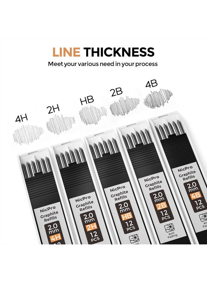نيكبرو مجموعة أقلام رصاص ميكانيكية مقاس 2.0 مم، حامل معدني للفنانين، أقلام تحديد معدنية، أقلام نجار مع 60 قطعة من رصاص الجرافيت Hb، 2H، 4H، 2B، 4B، ممحاة، مبراة للرسم المسودة، الكتابة الفنية - Image 3