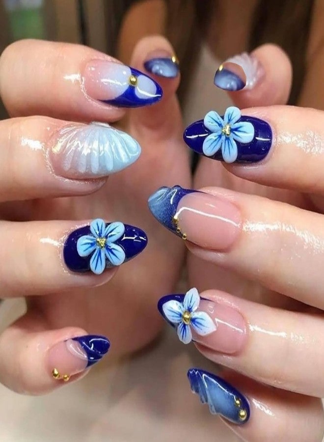 ASABITE 24Pcs Spring Summer Flower Press on Nails Almond Medium Fake Nails Blue French Tip False Nails with 3D Flower Design Reusable Acrylic Nails Press ons Full Cover Artificial Stick on Nail for Women - Image 2