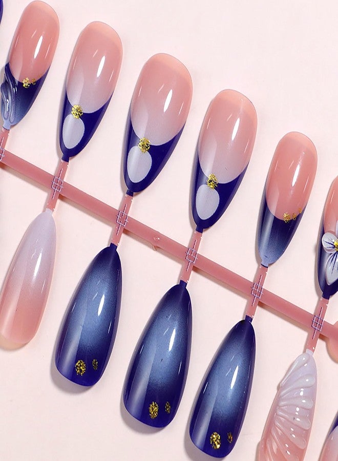 ASABITE 24Pcs Spring Summer Flower Press on Nails Almond Medium Fake Nails Blue French Tip False Nails with 3D Flower Design Reusable Acrylic Nails Press ons Full Cover Artificial Stick on Nail for Women - Image 3