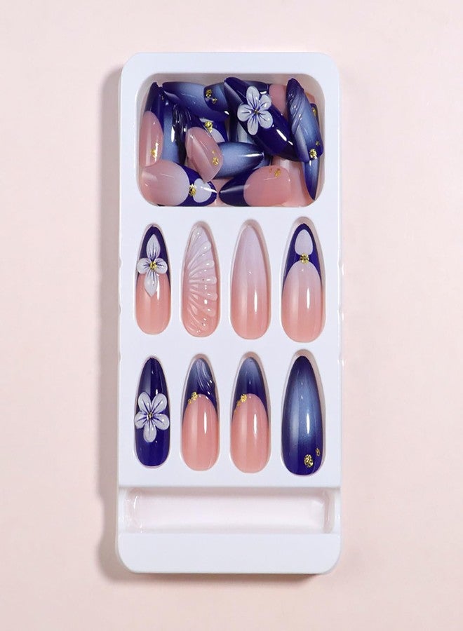 ASABITE 24Pcs Spring Summer Flower Press on Nails Almond Medium Fake Nails Blue French Tip False Nails with 3D Flower Design Reusable Acrylic Nails Press ons Full Cover Artificial Stick on Nail for Women - Image 5