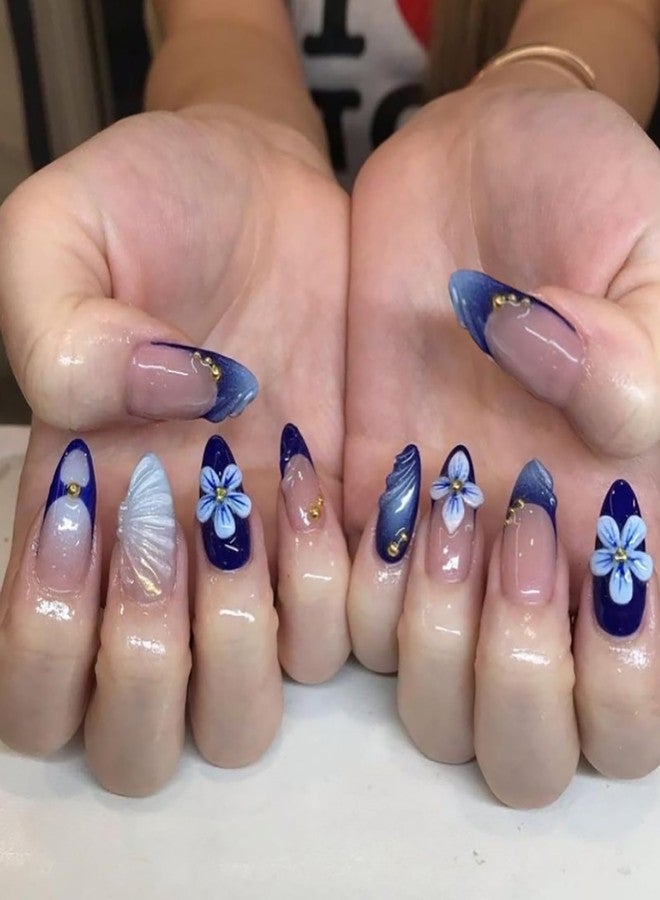 ASABITE 24Pcs Spring Summer Flower Press on Nails Almond Medium Fake Nails Blue French Tip False Nails with 3D Flower Design Reusable Acrylic Nails Press ons Full Cover Artificial Stick on Nail for Women - Image 1