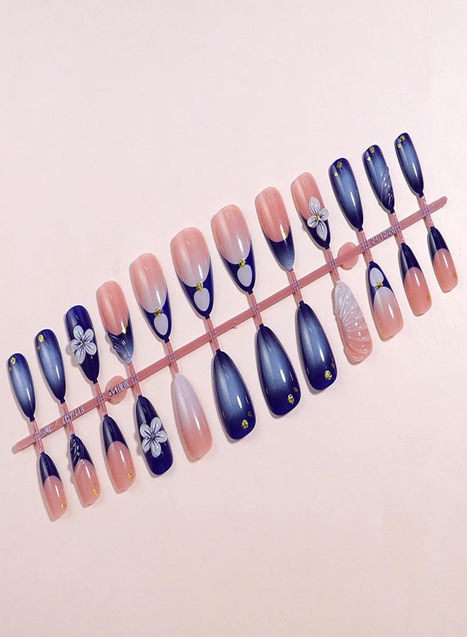 ASABITE 24Pcs Spring Summer Flower Press on Nails Almond Medium Fake Nails Blue French Tip False Nails with 3D Flower Design Reusable Acrylic Nails Press ons Full Cover Artificial Stick on Nail for Women - Image 4