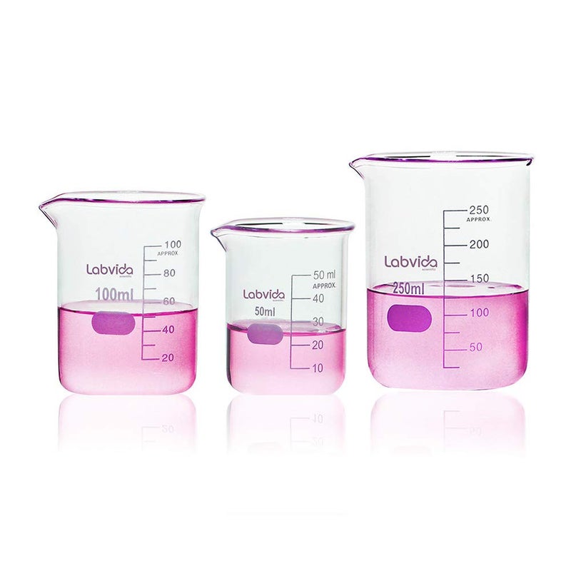 Labvida Upgrated 3 Size Low Form Beaker Set, 50ml 100ml 250ml, 3.3 Boro Glass Beakers with Printed Graduation, LVA017 - Image 1