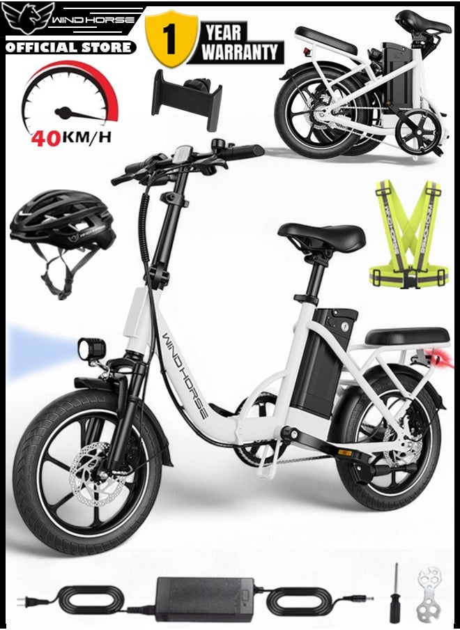 Wind Horse Folding Electric Bike with 350W High Speed Motor, 36V 8AH Battery, 40 KM/H Speed, 35 KM Range, Dual Disk Brakes, Carbon Alloy Frame, 16-Inch Tires, Front Suspension Fork, Portable Electric Bike with Dual Seat, Helmet and Safety Vest  - Image 1