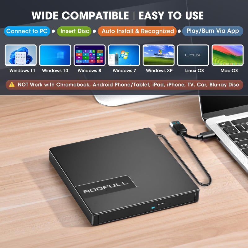 ROOFULL External CD DVD Drive for Laptop 8-in-1 USB 3.0 & USB-C DVD Player CD-ROM/RW Disc Reader Writer Burner with Carrying Case & SD Card Slots + USB Ports for Mac PC MacBook Windows 11/10 Computer - Image 5