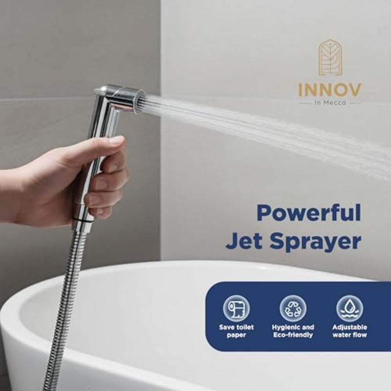 Travel Shattaf Set for bathroom use, rubber and stainless steel, black, 2.5M hose with high pressure sprayer and magnetic holder, includes watercarry bag and gift box - Image 2