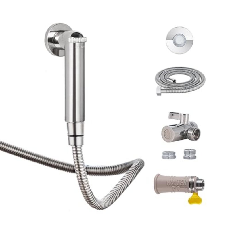 Travel Shattaf Set for bathroom use, rubber and stainless steel, black, 2.5M hose with high pressure sprayer and magnetic holder, includes watercarry bag and gift box - Image 1