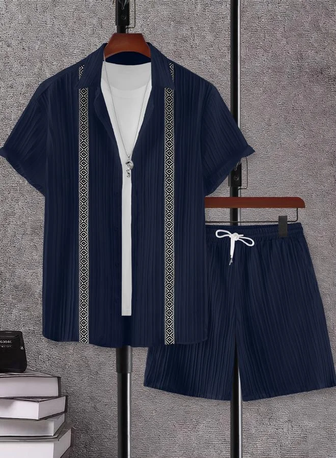 Take Two Men Navy Blue Jacquard Detail Short Sleeve Button Front Shirt and Shorts Co-Ords
