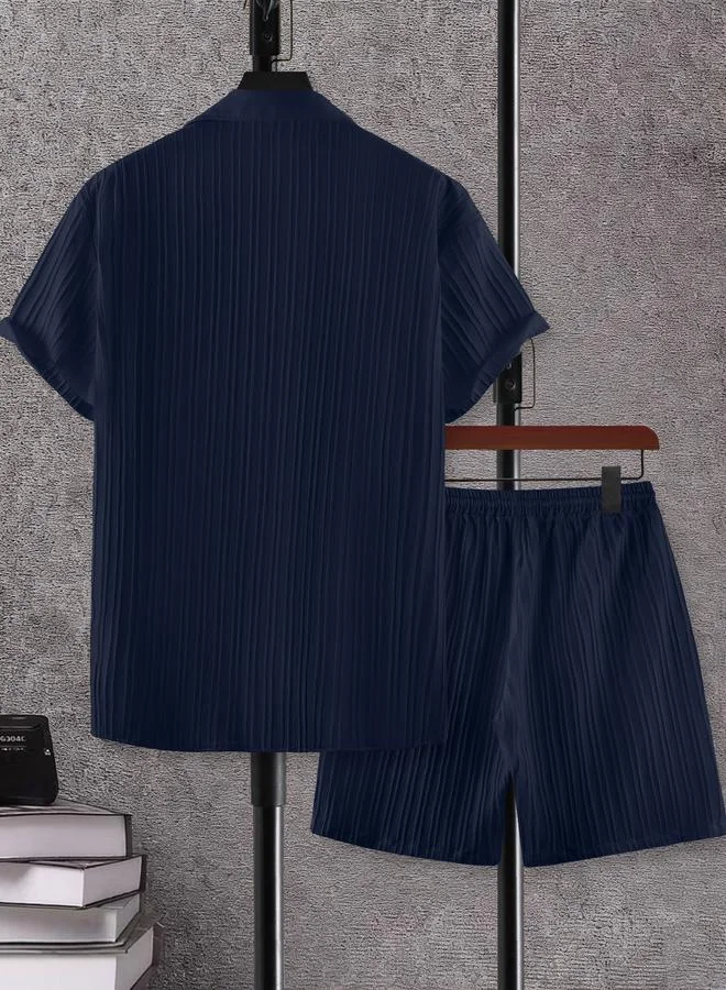 Take Two Men Navy Blue Jacquard Detail Short Sleeve Button Front Shirt and Shorts Co-Ords