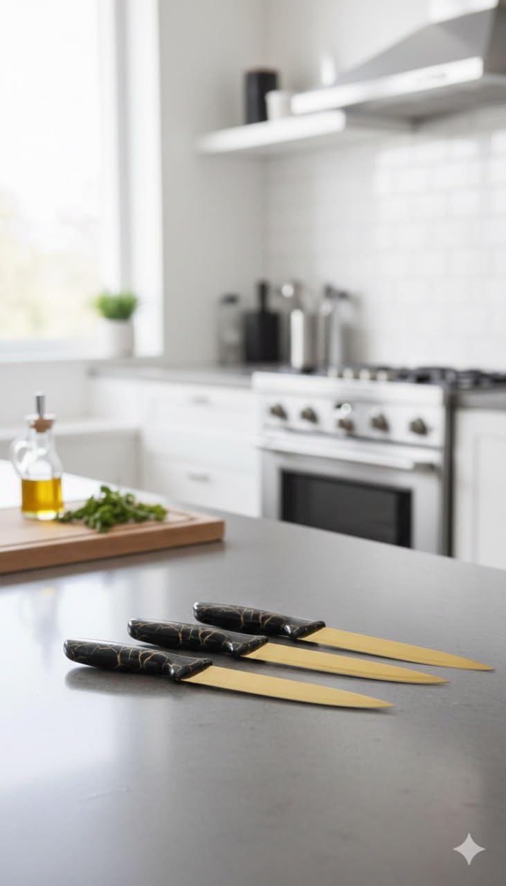 Stainless Steel Kitchen Knife Set with Marble Handle, Sharp Blades for Meat and Vegetables, Modern Home Cooking Tools, 3 Pieces (Marble Black) - Image 1