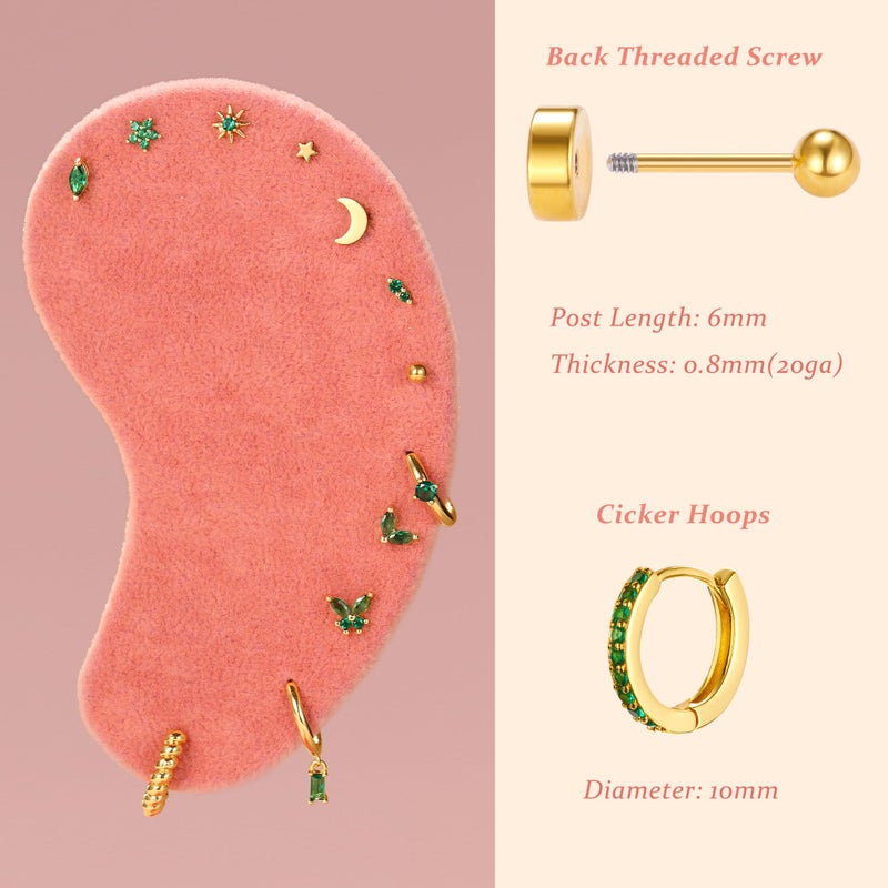 Krfy 25Pcs Hypoallergenic Surgical Steel Earrings for Sensitive Ears 14K Gold Plated Flat Back Cartilage Earrings Women Men Emerald CZ Screw Back Flatback Stud Hoop Earring Set for Multiple Piercing - Image 2