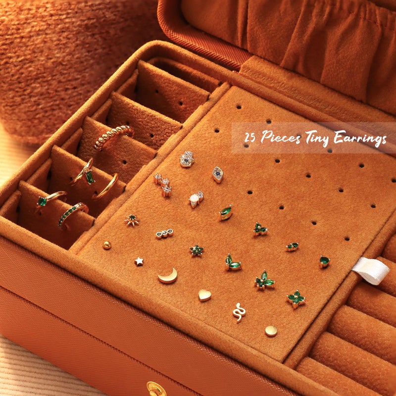 Krfy 25Pcs Hypoallergenic Surgical Steel Earrings for Sensitive Ears 14K Gold Plated Flat Back Cartilage Earrings Women Men Emerald CZ Screw Back Flatback Stud Hoop Earring Set for Multiple Piercing - Image 3