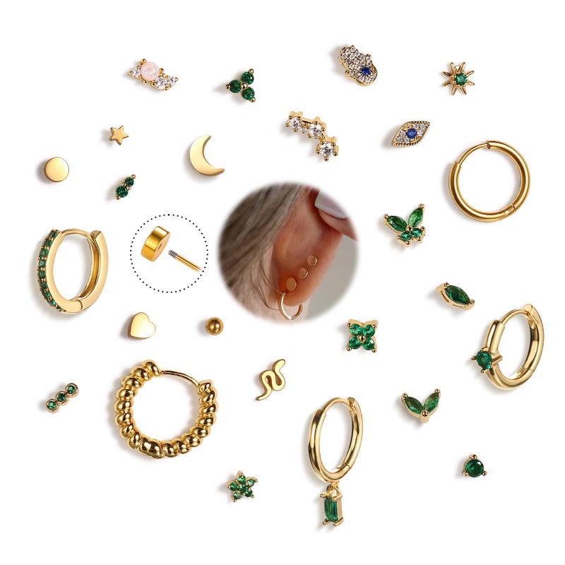 Krfy 25Pcs Hypoallergenic Surgical Steel Earrings for Sensitive Ears 14K Gold Plated Flat Back Cartilage Earrings Women Men Emerald CZ Screw Back Flatback Stud Hoop Earring Set for Multiple Piercing - Image 1