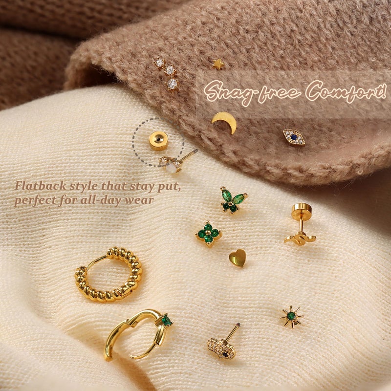 Krfy 25Pcs Hypoallergenic Surgical Steel Earrings for Sensitive Ears 14K Gold Plated Flat Back Cartilage Earrings Women Men Emerald CZ Screw Back Flatback Stud Hoop Earring Set for Multiple Piercing - Image 4