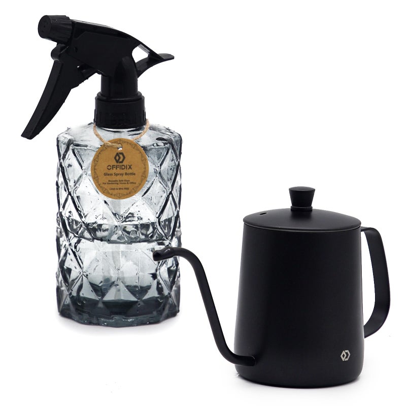 OFFIDIX Watering Can for Indoor PlantsLong Spout Metal Stainless Steel 21 oz600 ml Watering Can with 14 oz400ml Glass Plant Mister Spray Bottle for Plant Bonsai