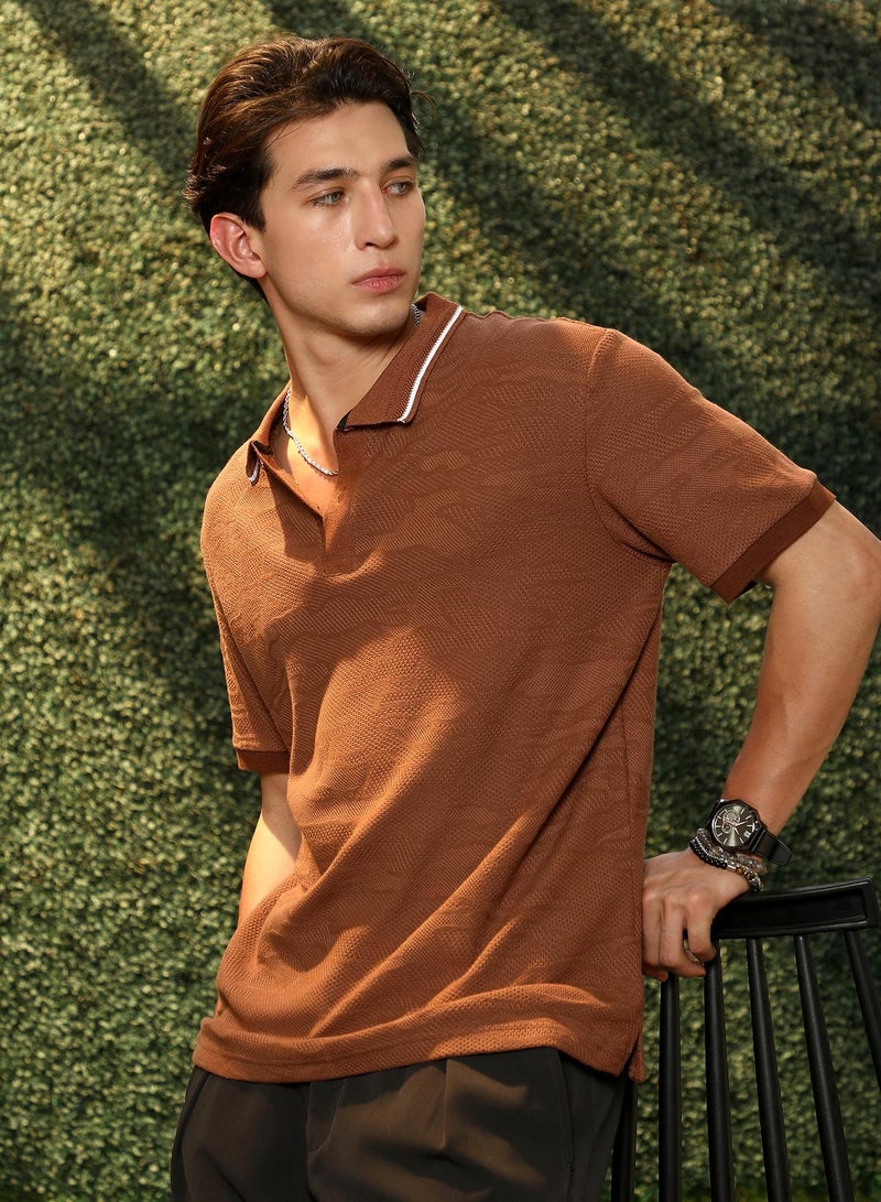 Campus Sutra Campus Sutra Men's Russet Brown Tactile-Knitted Polo T-Shirt | Textured Knit Design With Contrast Collar | Premium Cotton Blend Fabric | Casual & Street Wear | Breathable & Stylish Polo Tee - Image 3