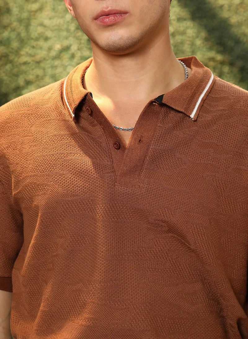 Campus Sutra Campus Sutra Men's Russet Brown Tactile-Knitted Polo T-Shirt | Textured Knit Design With Contrast Collar | Premium Cotton Blend Fabric | Casual & Street Wear | Breathable & Stylish Polo Tee