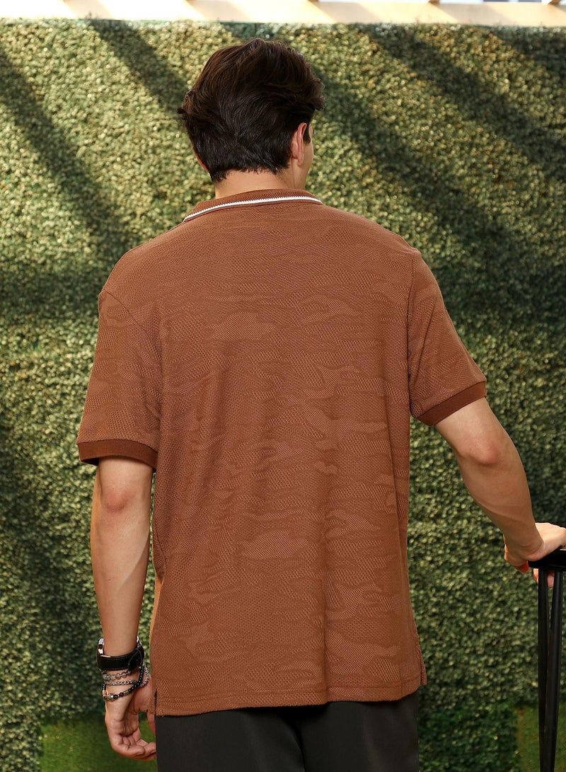 Campus Sutra Campus Sutra Men's Russet Brown Tactile-Knitted Polo T-Shirt | Textured Knit Design With Contrast Collar | Premium Cotton Blend Fabric | Casual & Street Wear | Breathable & Stylish Polo Tee - Image 5
