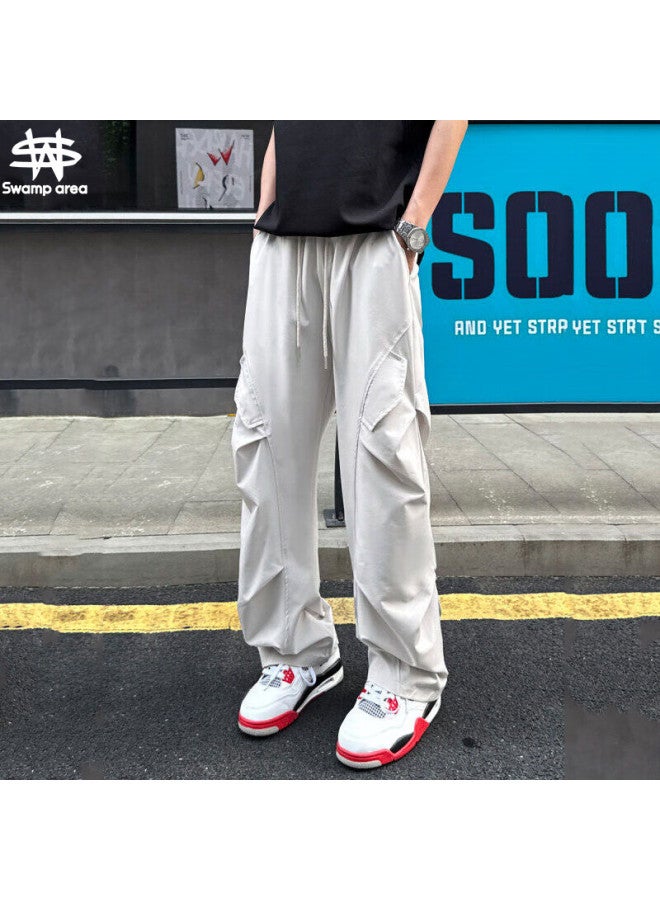 Swamp Area Wrinkle Umbrella Paratrooper Cargo Pants For Men, Spring And Autumn American Retro Casual Versatile Wide-leg Trousers Ks008 Light Gray M - Image 1