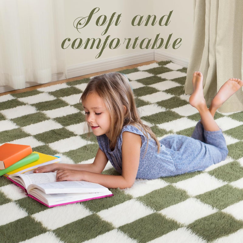 TOOHUB Super Soft Rug for Bedroom  Area Rug Classic Checkered Shaggy Rug Anti-Skid High Pile Soft Fluffy Rug Fuzzy Carpet for Living Room Bedroom Kids Room Nursery  Dorm Home Decor (Green and White  4x6ft) - Image 1