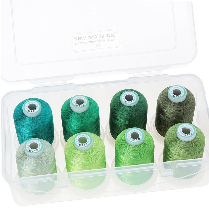 20 OPTIONS 8 SNAP SPOOLS OF 1000M EACH POLYESTER EMBROIDERY MACHINE THREAD WITH CLEAR PLASTIC STORAGE BOX FOR EMBROIDERY QUILTING DIFFERENT GREEN