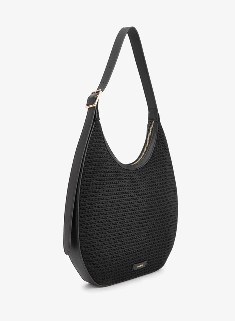 MISSY BLACK Textured Shoulder Bag With Zip Closure for Women | Best Price UAE