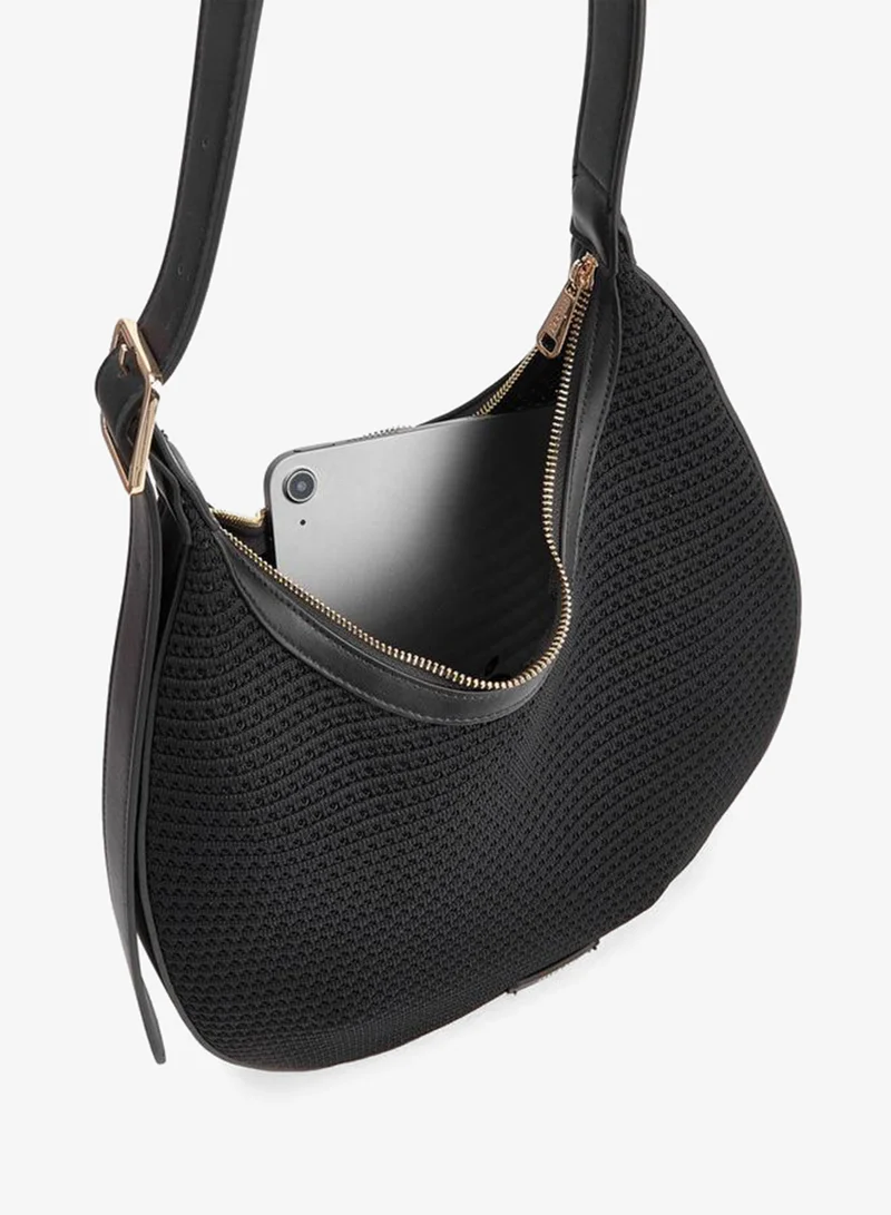 MISSY BLACK Textured Shoulder Bag With Zip Closure for Women | Best Price UAE