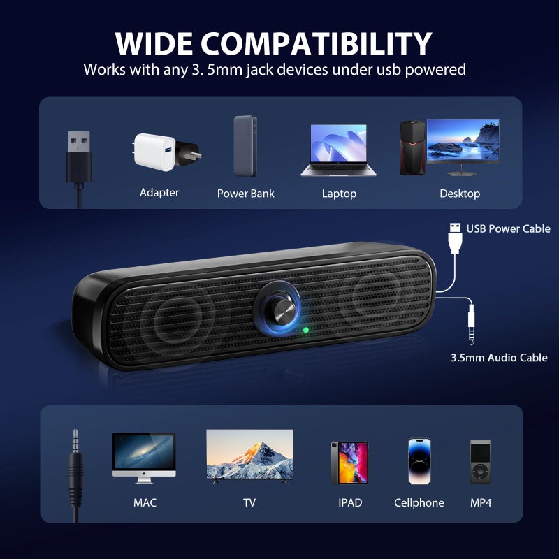 1Mii Computer Speakers for Desktop Laptop Tablet, USB Powered PC Speakers, Small Speakers Wired with Volume Control for Cellphone Pad MP3, Stereo Sound with 3.5mm Audio Plug for Windows Mac Linux PCs - Image 4