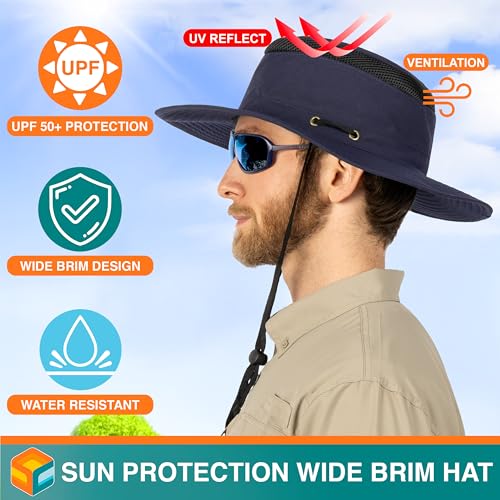 Suncube SUN CUBE Wide Brim Sun Hat for Men Outdoor, Women Sun Protection Safari Hat, Hiking Boonie Hat UV, Fishing Summer Hat for Beach Camping UPF 50+, Navy Blue - Image 3