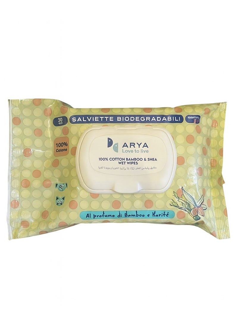 Aryaa Cat Wipes Bamboo & Shea Scent 100% Cotton- 30 Wipes - Italian Made Cat Wet Wipes