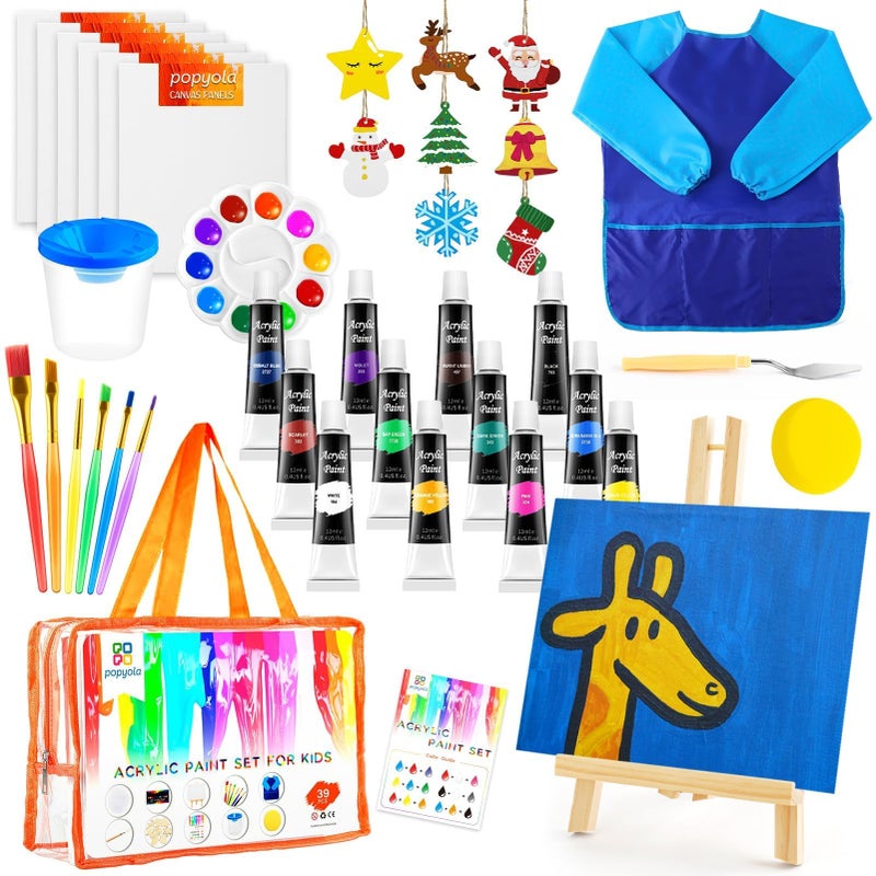 POPYOLA Acrylic Paint Set for Kids Non Toxic Kids Painting Set with Tabletop Easel Acrylic Paints Smock Canvases Wooden Stencils Brushes Painting Kit Gift for Beginner Student Toddlers