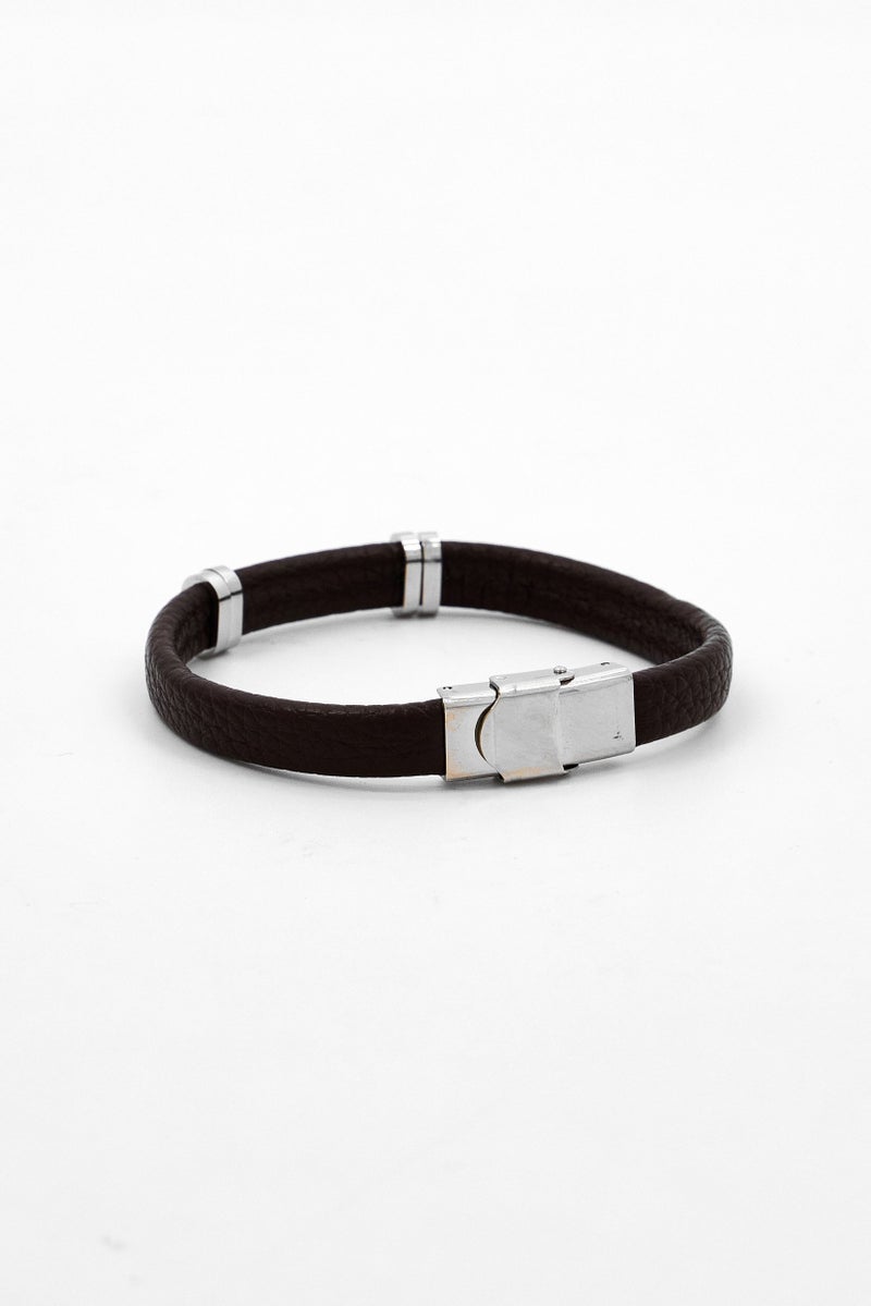 Steeltime Men Leather Bracelet With Stainless Steel Clasp, Brown - Image 2
