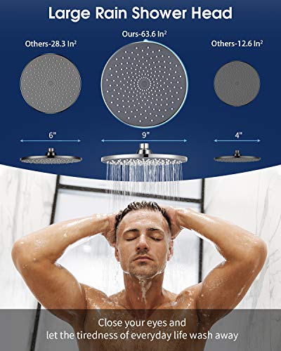 VMASSTONE Large Shower Head VMASSTONE 9In High Pressure Showerhead - Tool Free Installation- with Large Spray Surfaces and 200 Nozzles for Delicate and Unstimulate Shower Experience (EM-001 Chrome/Dark Grey) - Image 2