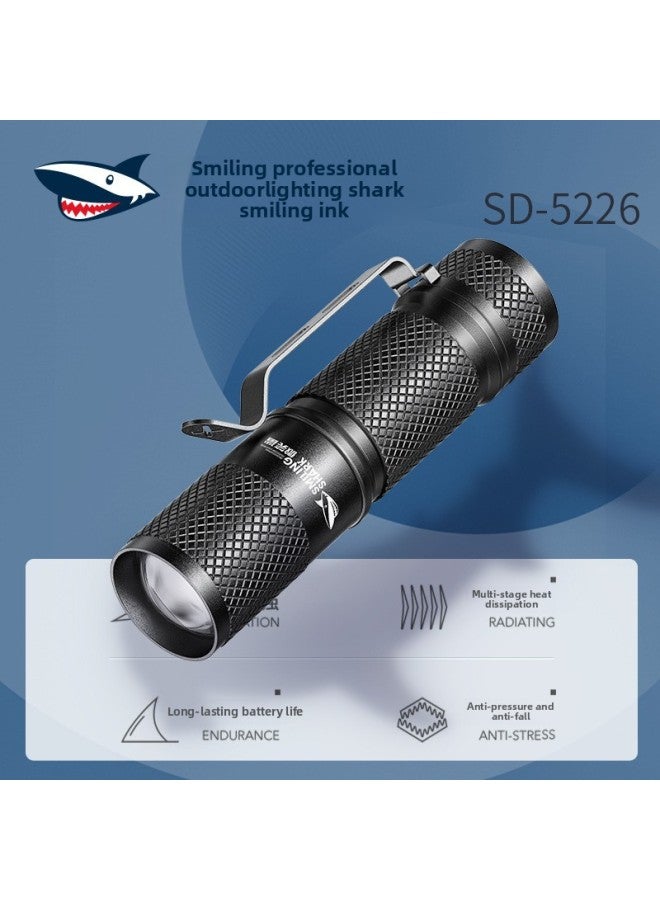Smiling Shark Waterproof Aluminum Alloy Flashlight Telescopic Focusing Flashlight With Pen Clip Outdoor Strong Light Flashlight-Product Specifications:SD-5226A Black-Zoom  - Image 2