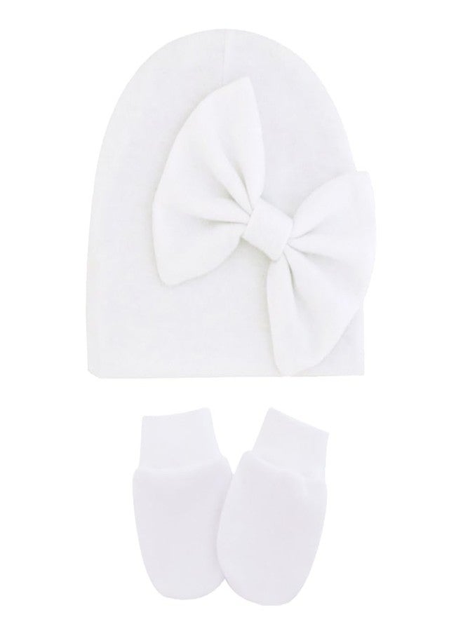 GSHLLO 1 Set Newborn Baby Hospital Hats Mittens Soft Bow Infant Cap Cute Nursery Beanie Baby No Scratch Gloves for Boys Girls White - Image 1