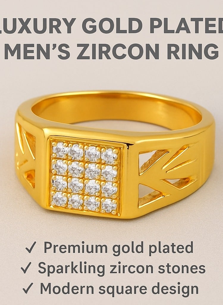 RAM JEWELLERY Luxury Gold Plated Men’s Zircon Stone Ring | Elegant Square Design with Sparkling White Zircons | Premium Fashion Jewelry for Weddings, Engagements, Parties & Daily Wear | Stylish, Durable & Comfortable Ring for Men Boys Gents – VIP Jewelry Gift - Image 1