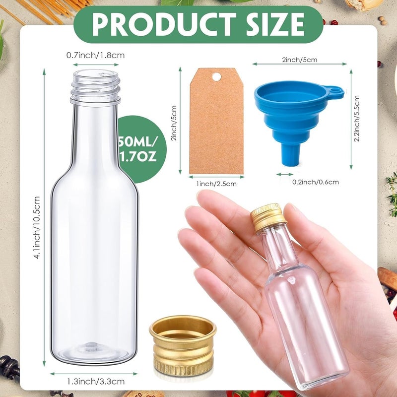 Mini Bottles Set 60 Pcs, 1.7oz Mini Empty Plastic Shot Bottles, Airtight Spirit Bottle with Caps,6 Pcs Funnels 60 Pcs Kraft Tags and 65 ft Rope,Party Favors,Weddings - Image 2