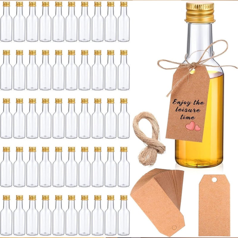 Mini Bottles Set 60 Pcs, 1.7oz Mini Empty Plastic Shot Bottles, Airtight Spirit Bottle with Caps,6 Pcs Funnels 60 Pcs Kraft Tags and 65 ft Rope,Party Favors,Weddings - Image 1