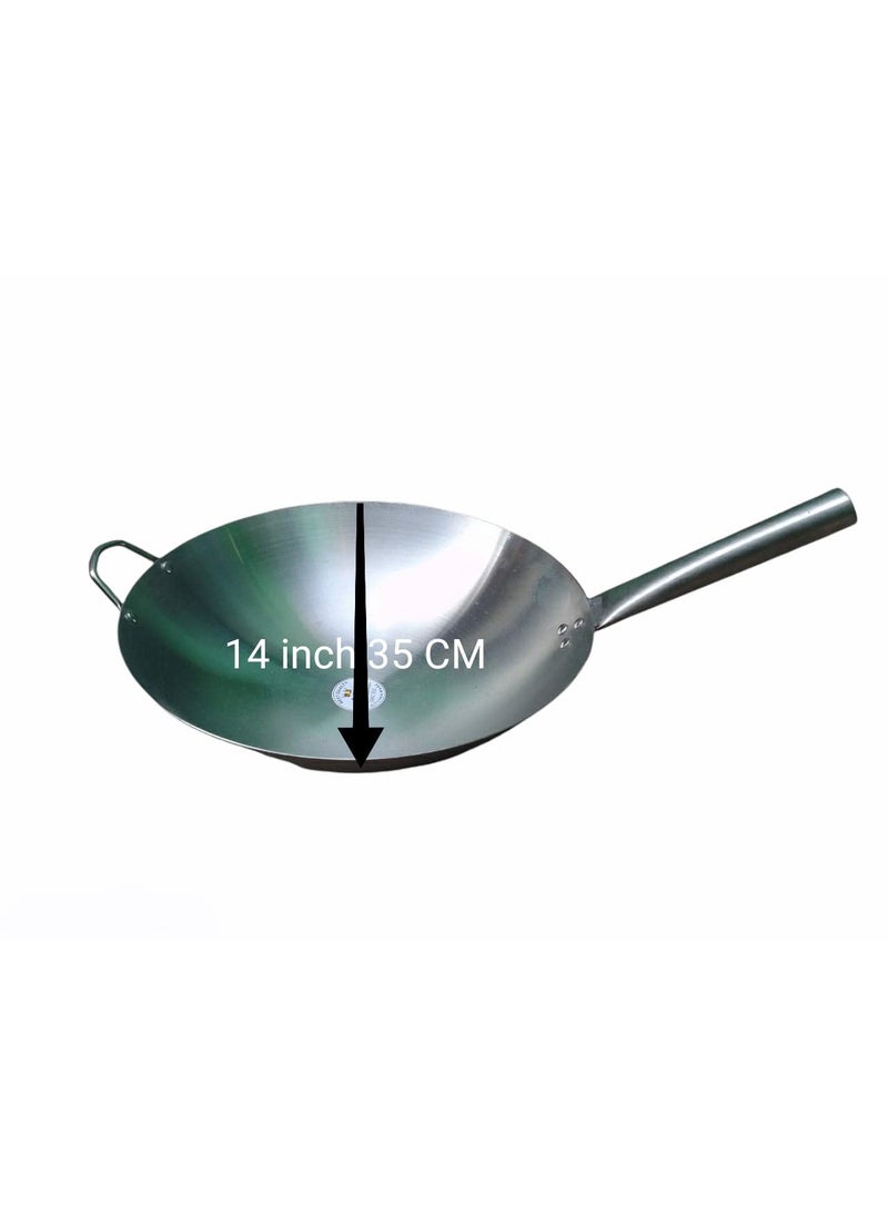 AS A S Stainless Steel Heavy Weight Shiny Finish Original Chinese Wokkadhai with Steel Duble Handle kadhaiHeavy WeightCooking Wok Best use in Home and Hotels 14 inch 35 CM  - Image 2