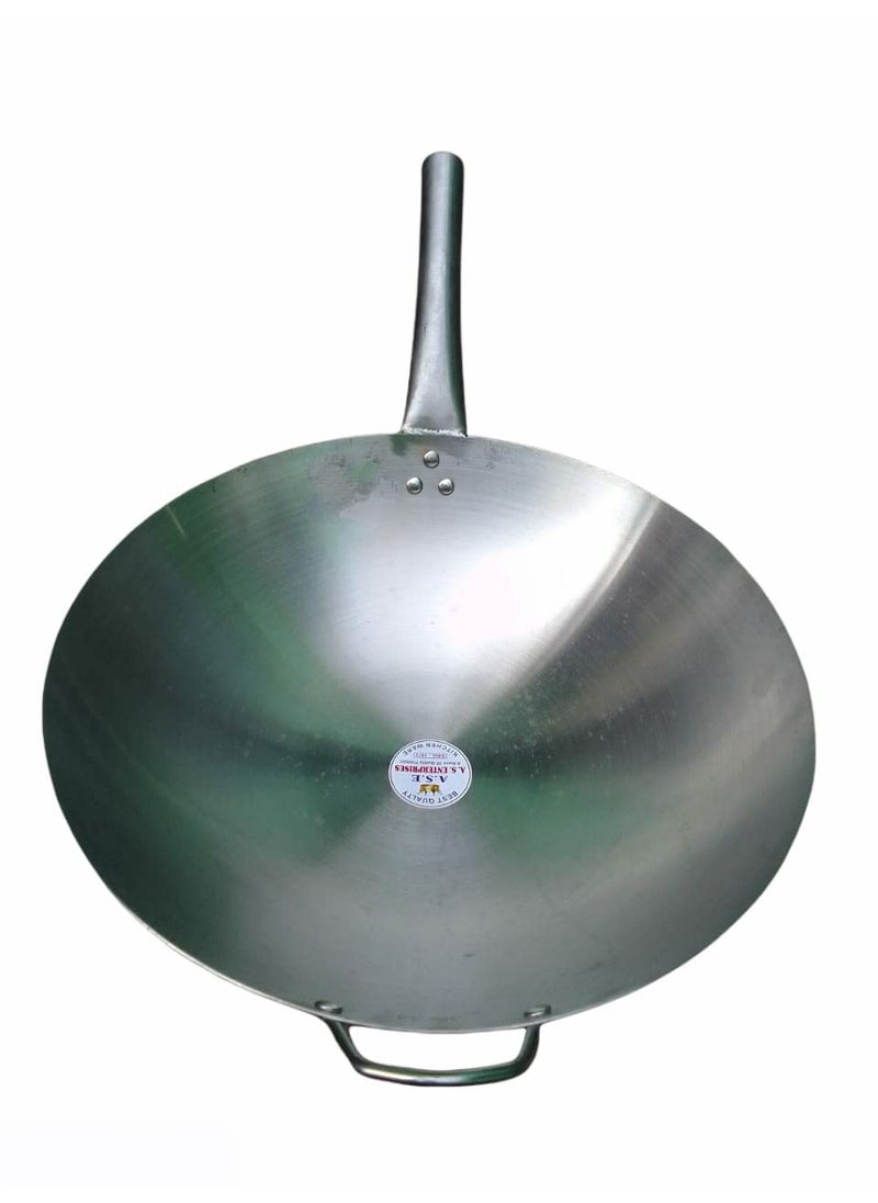 AS A S Stainless Steel Heavy Weight Shiny Finish Original Chinese Wokkadhai with Steel Duble Handle kadhaiHeavy WeightCooking Wok Best use in Home and Hotels 14 inch 35 CM  - Image 3