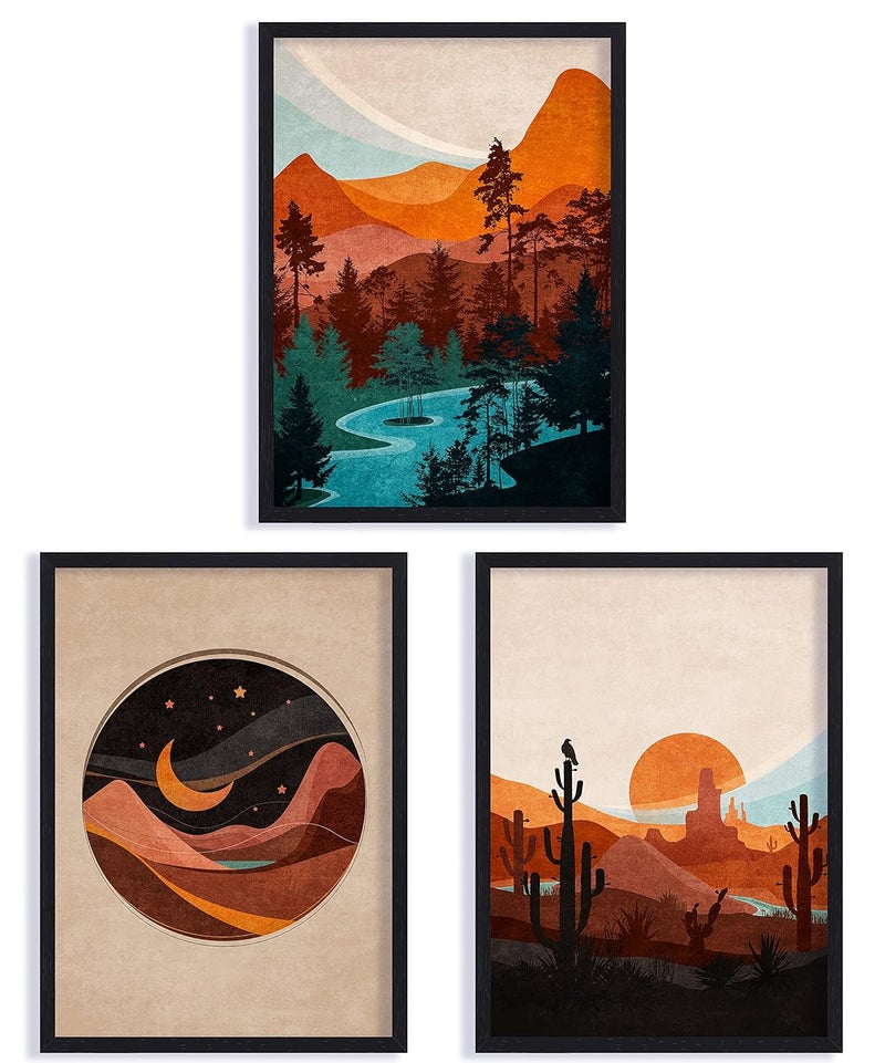 QUOTE - UNQUOTE ART QUOTE UNQUOTE ART Wall Painting for Living Room Set of 3 Desert Landscape Boho Wall Decor Modern Art 13x17 inches Black Frame - Image 2