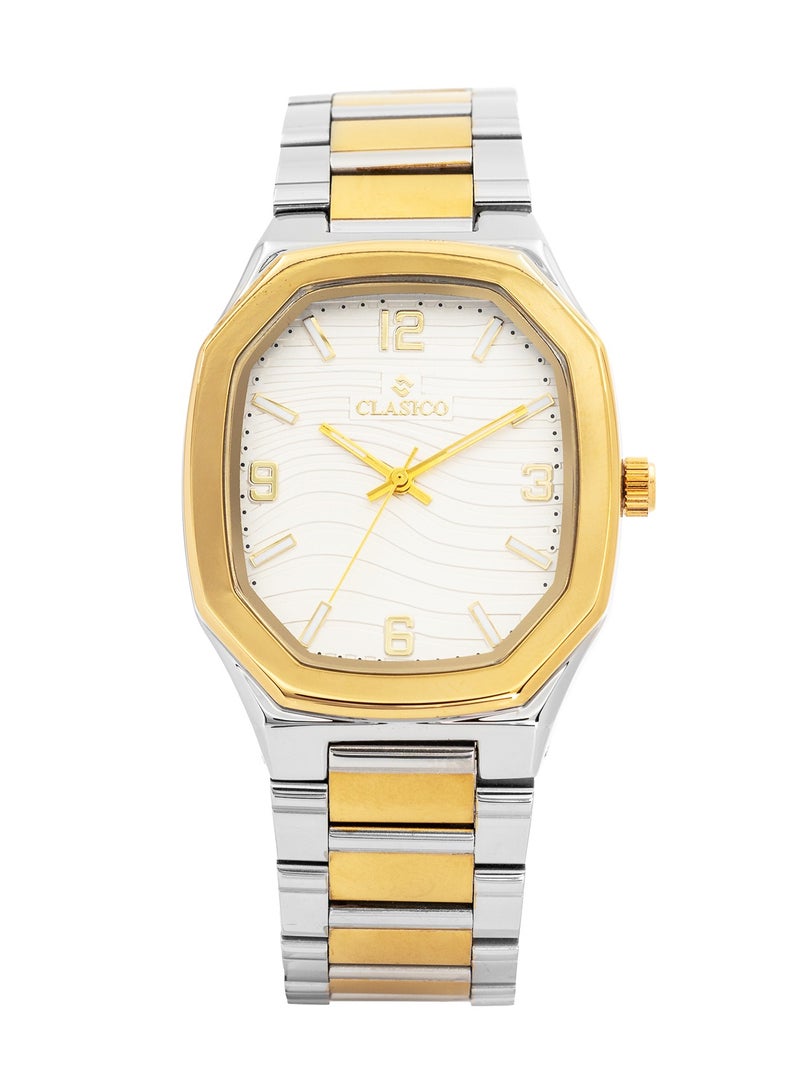 Clasico ساعة مرسور للرجال ذات الحركة الكوارتز المربعة - إصدار أبيض وذهبي | حزام فولاذي ناعم ثنائي اللون فضي وذهبي | حركة كوارتز ي121 | تصميم مقاوم للماء - Image 1
