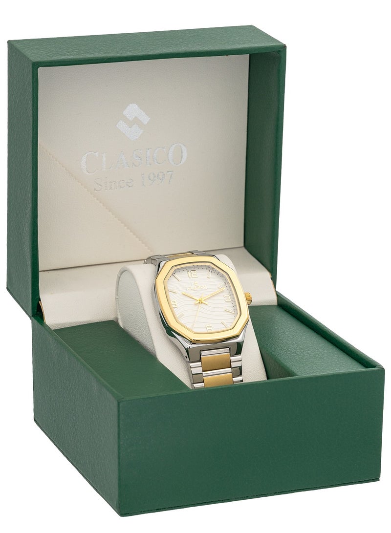 Clasico ساعة مرسور للرجال ذات الحركة الكوارتز المربعة - إصدار أبيض وذهبي | حزام فولاذي ناعم ثنائي اللون فضي وذهبي | حركة كوارتز ي121 | تصميم مقاوم للماء - Image 4