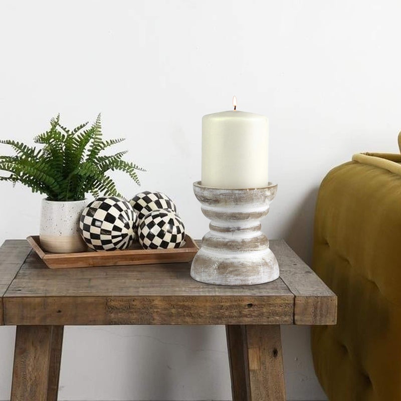 Stonebriar Antique White Wooden Pillar Candle Holder, Vintage Seaside Pillar Stand for Dining Table Centerpiece, Coffee Table, Mantel, Or Any Table Top, Small - Image 5