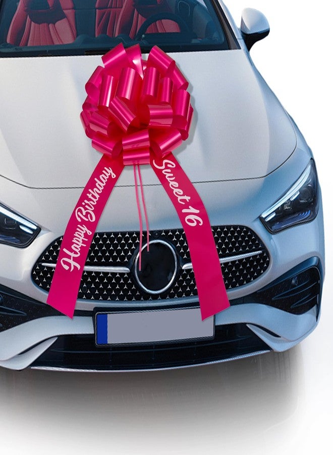 Bmpzery Rose Red Car Bow with Happy Birthday Sweet 16,Giant Happy Birthday Pull Bow with 20ft Ribbon for Car,Big Ribbon Decorative Cars Bows,for Birthdays Party Decorations and Gift Wrapping(20 Inch - Image 1