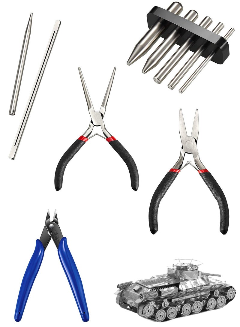 SYOSI 10 Pieces Metal DIY Model Tool Sets, Tab Edge Cylinder Cone Shape Bending Assist Tools, Nozzle Pliers Flat Nose Pliers Needle Nose Pliers for 3D Metal Jigsaw Puzzles Assembly  - Image 1