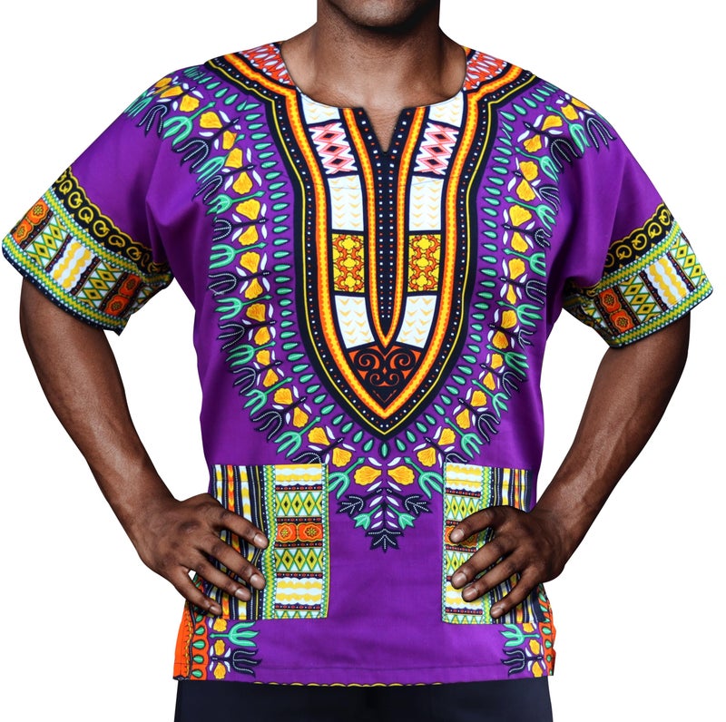 DA'IKI Dashiki Cotton Shirt African Tribal Kaftan Boho Caftan Unisex, Large, Dashiki - Vibrant Purple - Image 1